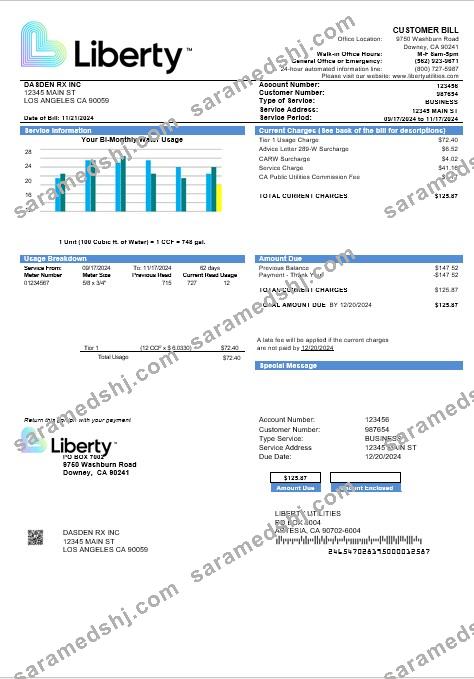 USA California Liberty Utilities business utility bill template in Word and PDF formats